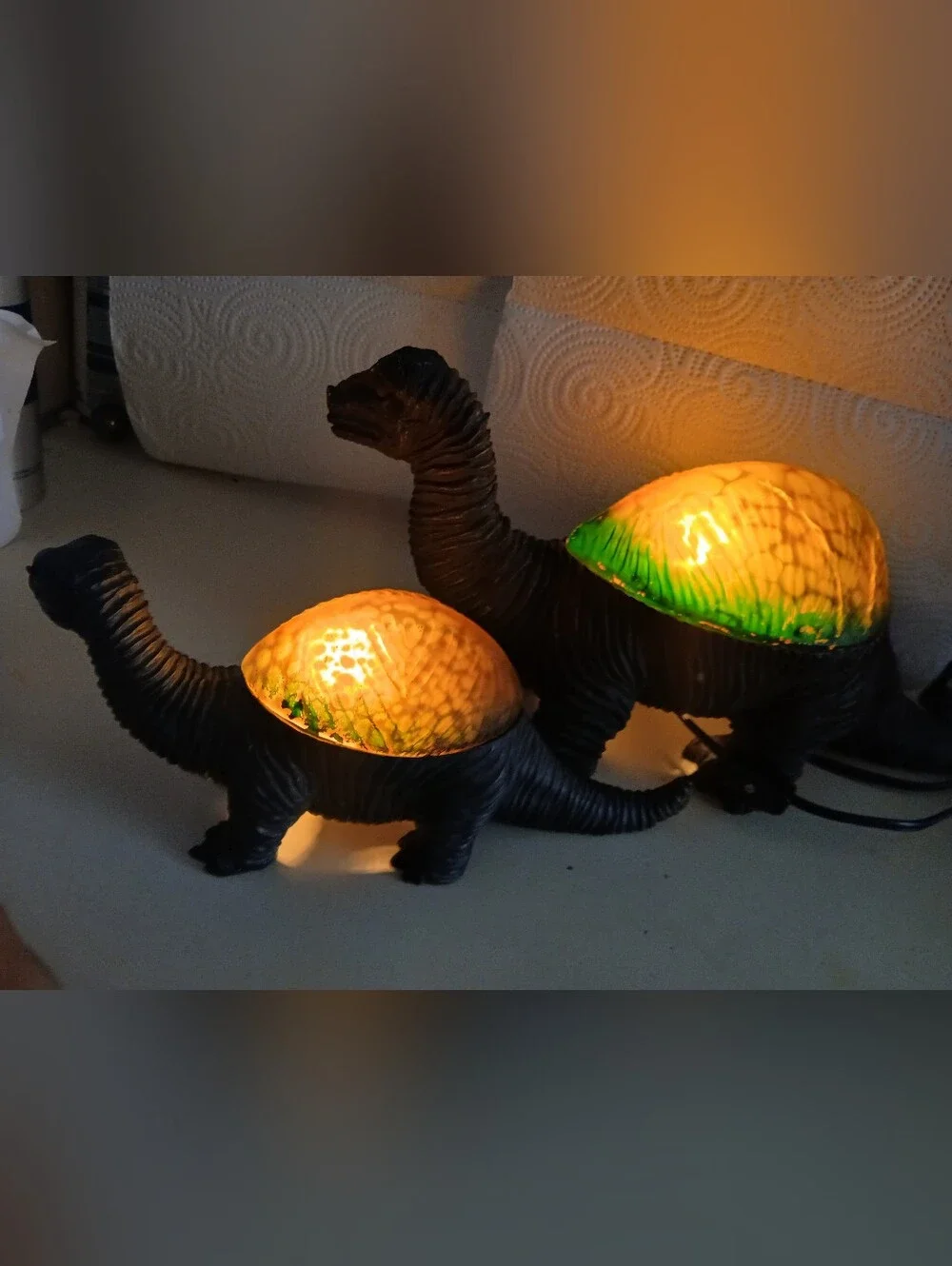 Vintage 1990's Cheyenne Dinosaur Lamps with Amber-Green Glass Shade
